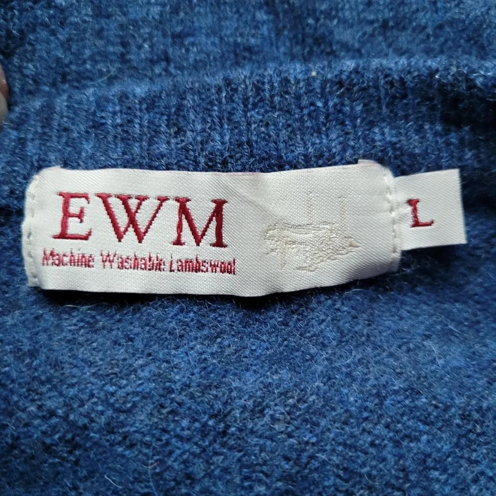 EWM Men's 100% Pure Lambswool Sweater Blue Size Large Woolmark Washable Heritage
